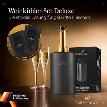 BARMINGO Weinkühler mit 2 Kühlakkus | Farbe: Metallic-Schwarz | Für Wein, Sekt, Champagner | Edelstahl Flaschenkühler doppelwandig