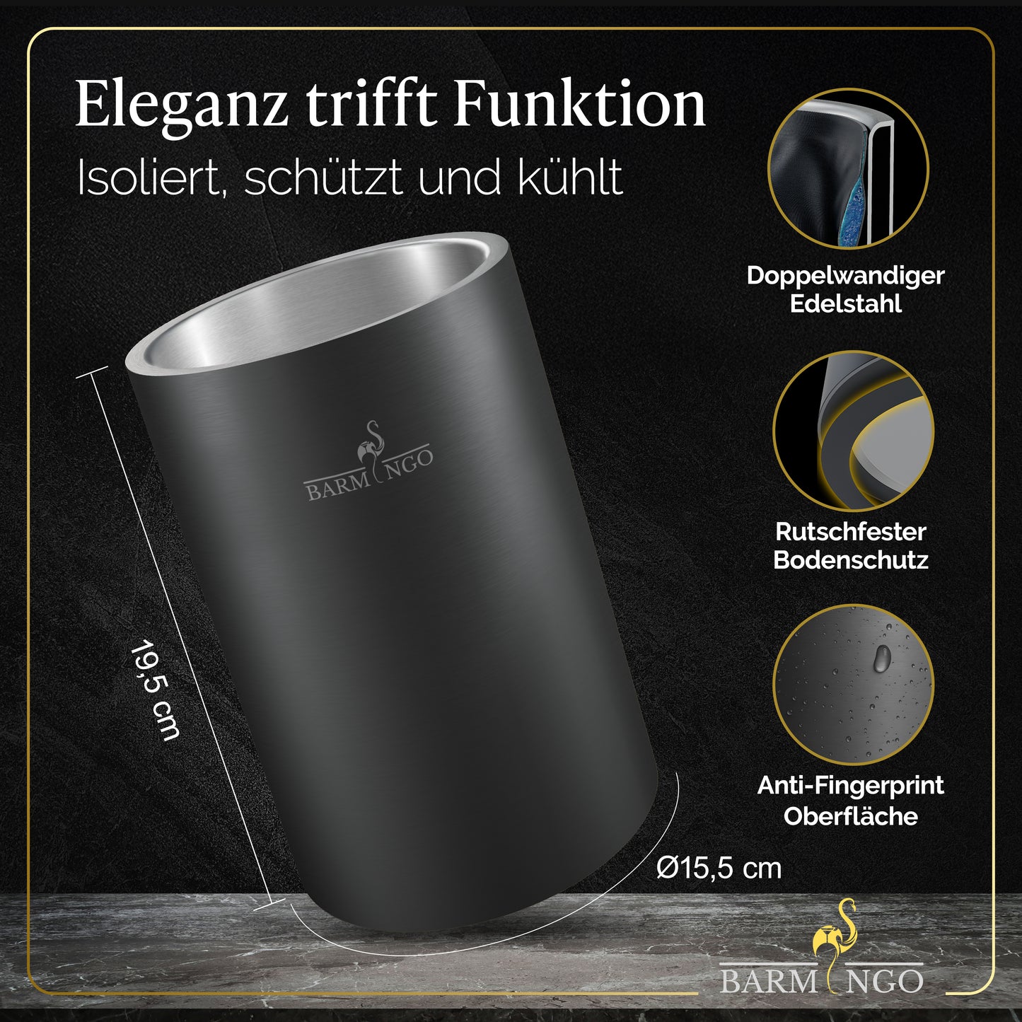 BARMINGO Weinkühler mit 2 Kühlakkus | Farbe: Metallic-Schwarz | Für Wein, Sekt, Champagner | Edelstahl Flaschenkühler doppelwandig