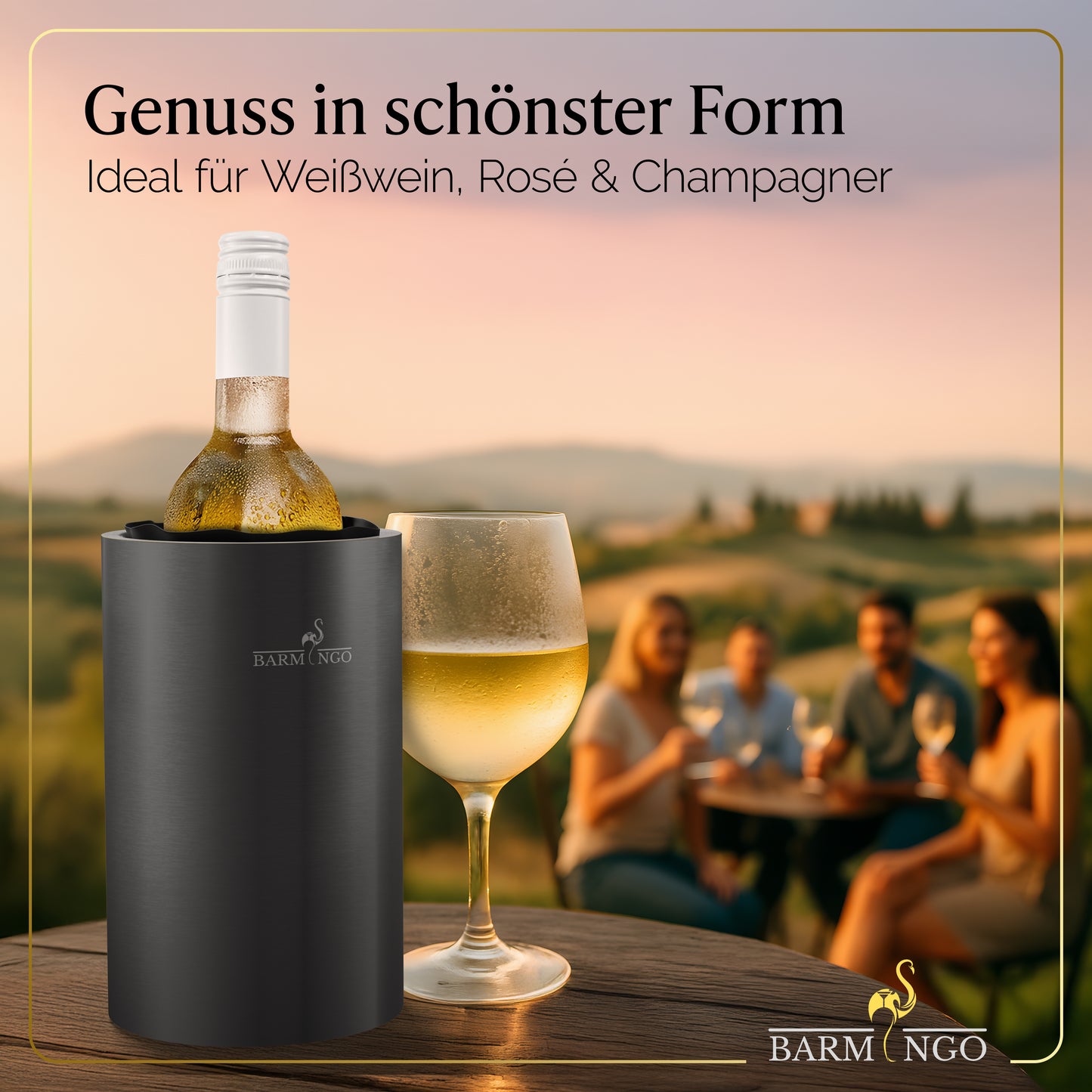 BARMINGO Weinkühler mit 2 Kühlakkus | Farbe: Metallic-Schwarz | Für Wein, Sekt, Champagner | Edelstahl Flaschenkühler doppelwandig