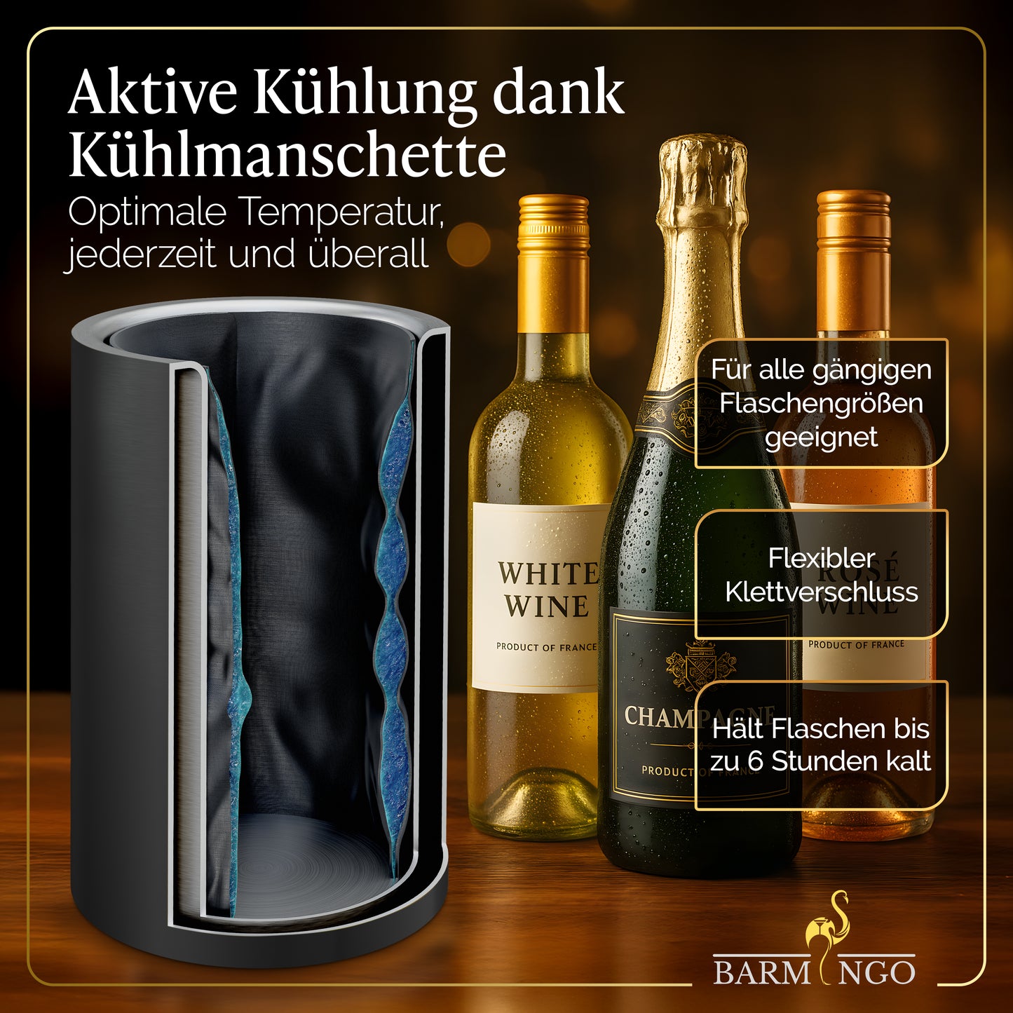 BARMINGO Weinkühler mit 2 Kühlakkus | Farbe: Metallic-Schwarz | Für Wein, Sekt, Champagner | Edelstahl Flaschenkühler doppelwandig