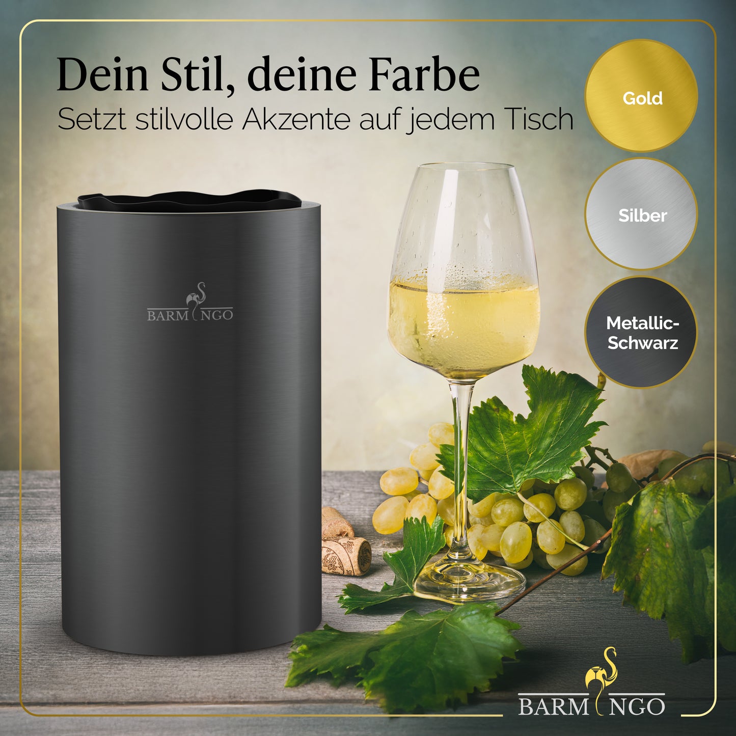 BARMINGO Weinkühler mit 2 Kühlakkus | Farbe: Metallic-Schwarz | Für Wein, Sekt, Champagner | Edelstahl Flaschenkühler doppelwandig