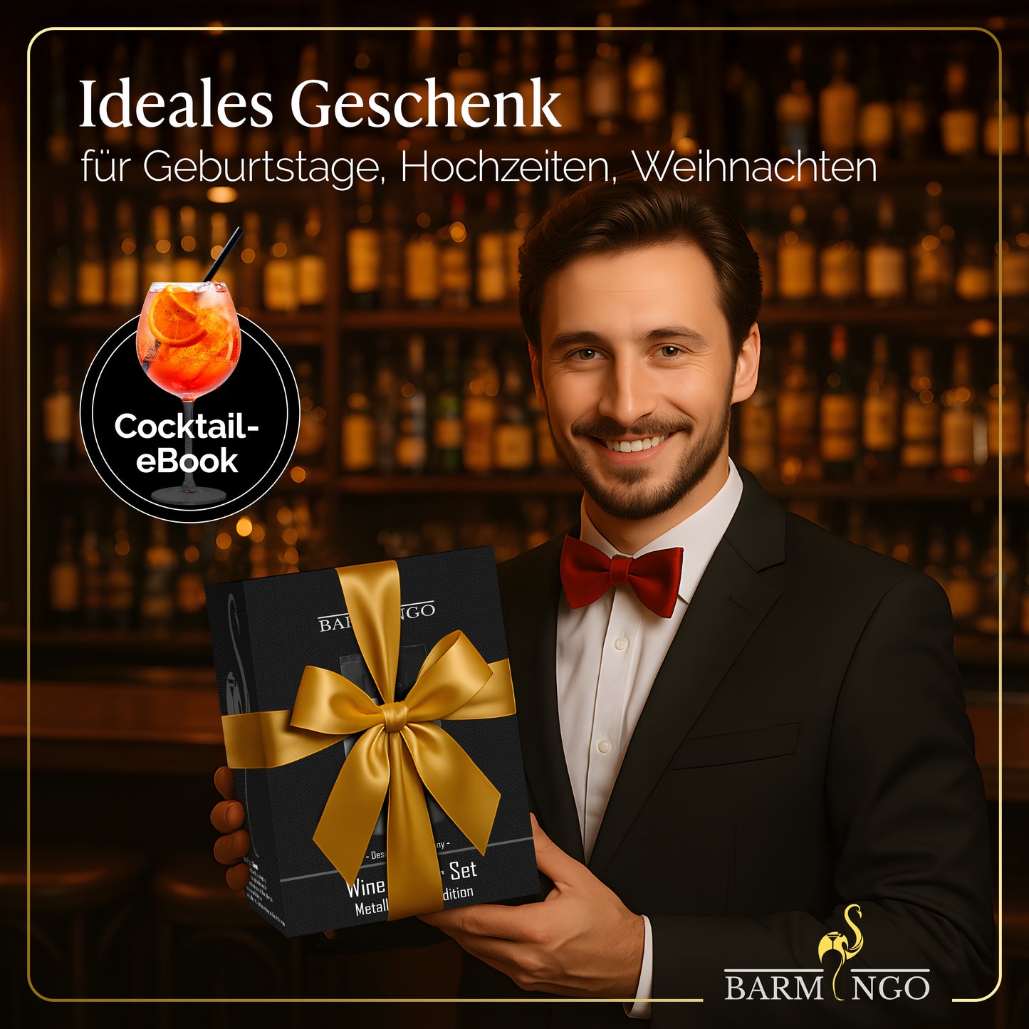 BARMINGO Weinkühler mit 2 Kühlakkus | Farbe: Metallic-Schwarz | Für Wein, Sekt, Champagner | Edelstahl Flaschenkühler doppelwandig