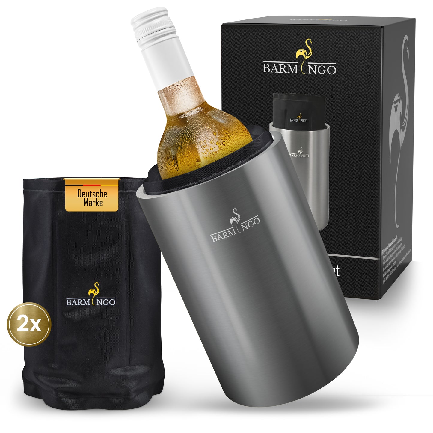 BARMINGO Weinkühler mit 2 Kühlakkus | Farbe: Silber| Für Wein, Sekt, Champagner | Edelstahl Flaschenkühler doppelwandig