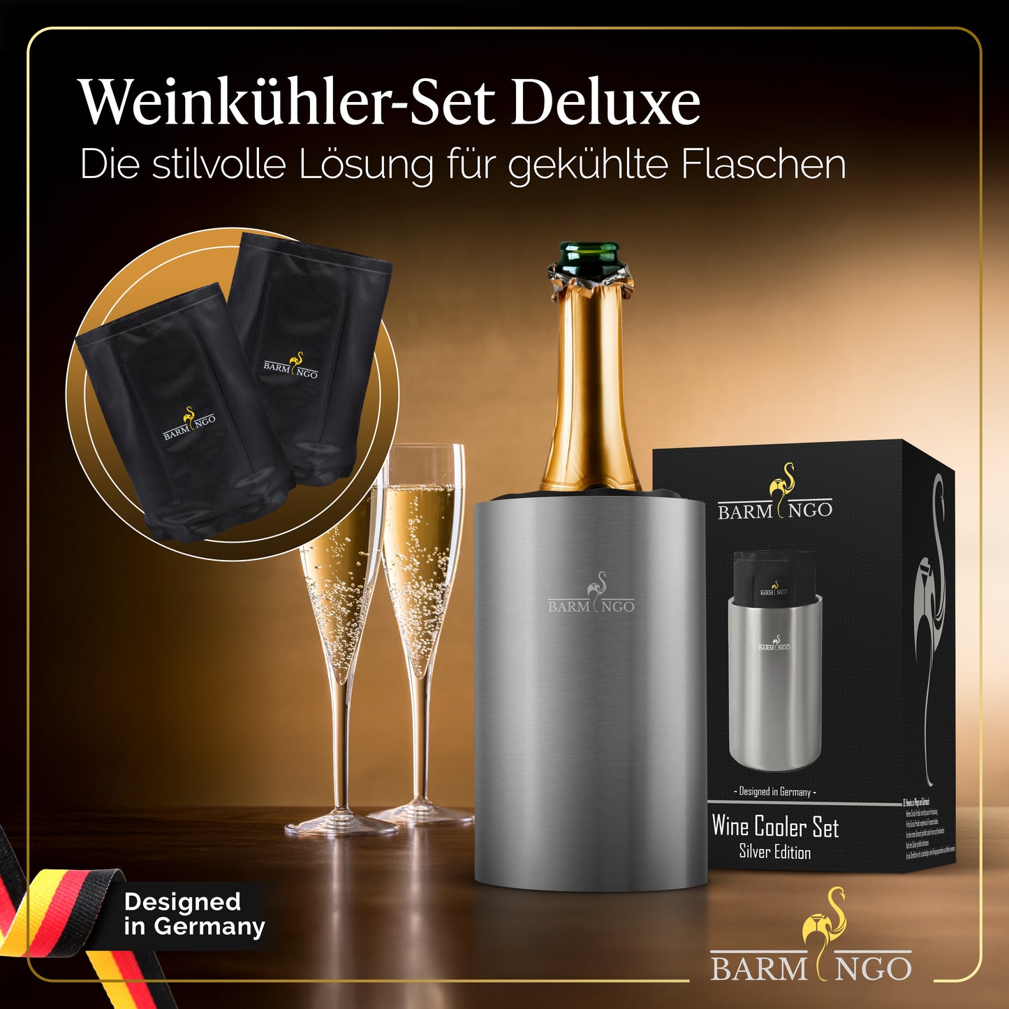 BARMINGO Weinkühler mit 2 Kühlakkus | Farbe: Silber| Für Wein, Sekt, Champagner | Edelstahl Flaschenkühler doppelwandig