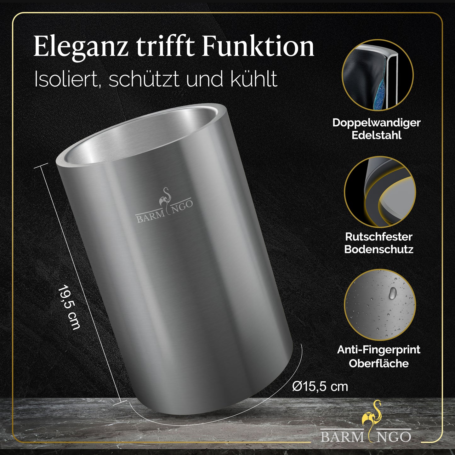 BARMINGO Weinkühler mit 2 Kühlakkus | Farbe: Silber| Für Wein, Sekt, Champagner | Edelstahl Flaschenkühler doppelwandig
