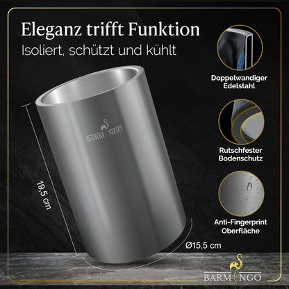 BARMINGO Weinkühler mit 2 Kühlakkus | Farbe: Silber| Für Wein, Sekt, Champagner | Edelstahl Flaschenkühler doppelwandig
