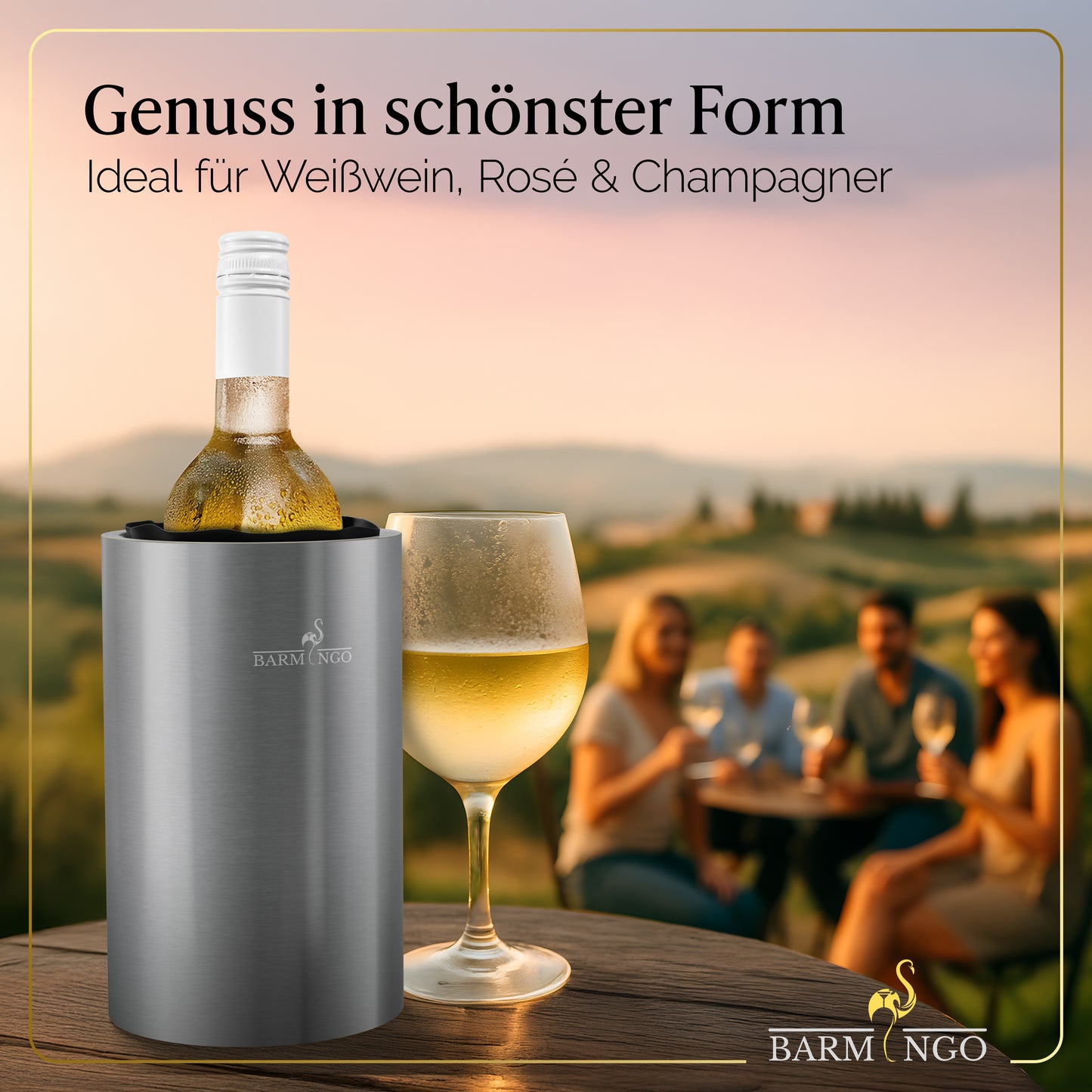 BARMINGO Weinkühler mit 2 Kühlakkus | Farbe: Silber| Für Wein, Sekt, Champagner | Edelstahl Flaschenkühler doppelwandig