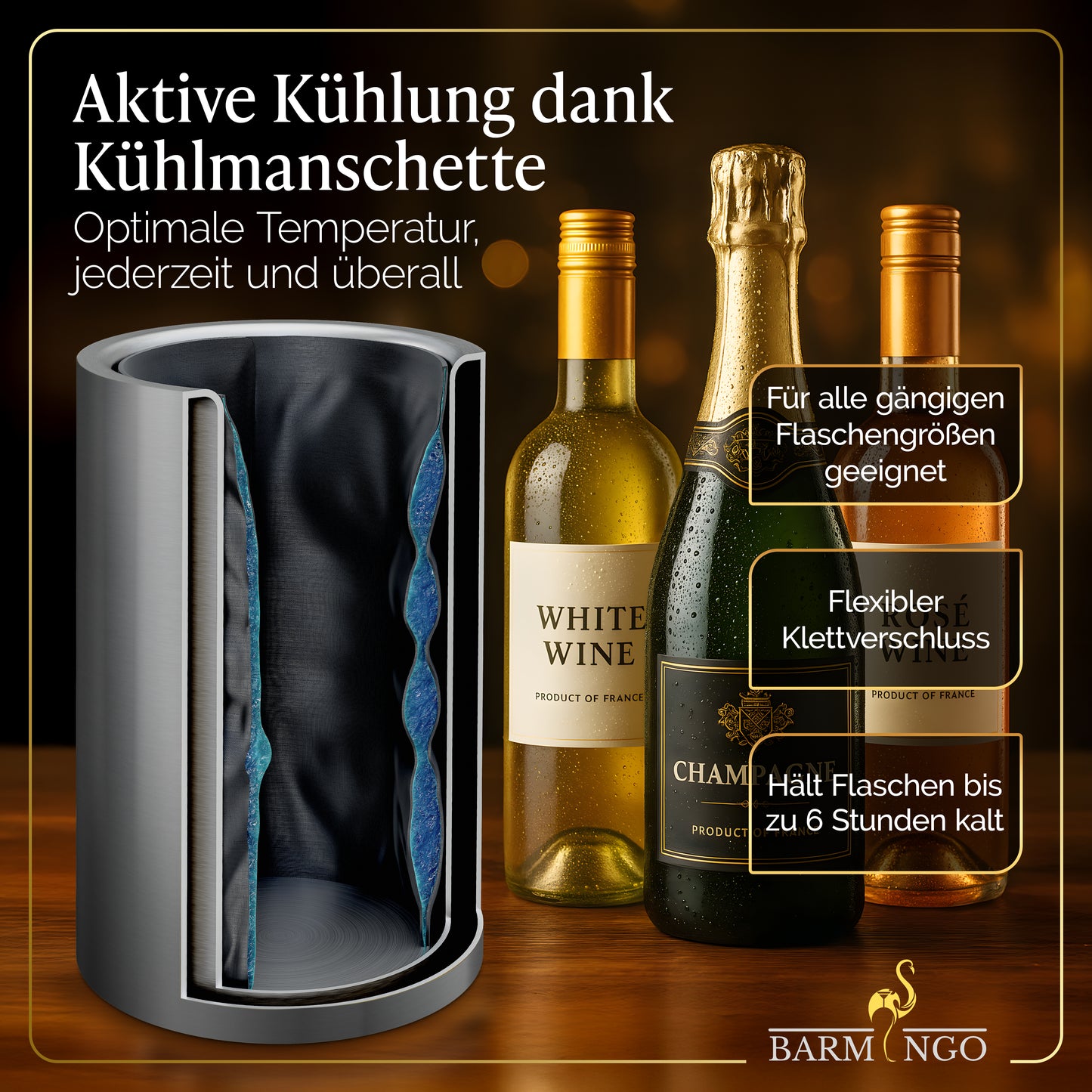 BARMINGO Weinkühler mit 2 Kühlakkus | Farbe: Silber| Für Wein, Sekt, Champagner | Edelstahl Flaschenkühler doppelwandig