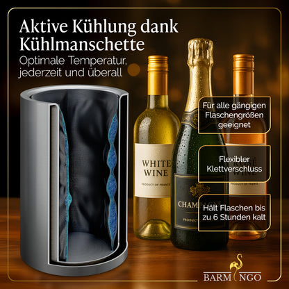BARMINGO Weinkühler mit 2 Kühlakkus | Farbe: Silber| Für Wein, Sekt, Champagner | Edelstahl Flaschenkühler doppelwandig
